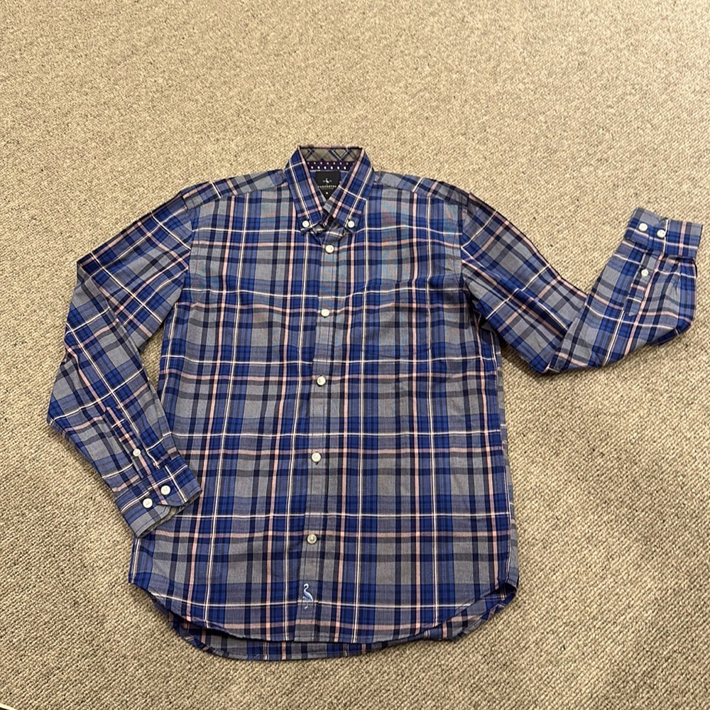 TAILORBYRD BOYS BLUE & PINK PLAID COTTON BUTTON DOWN SHIRT W/ CONTRASTING CUFFS